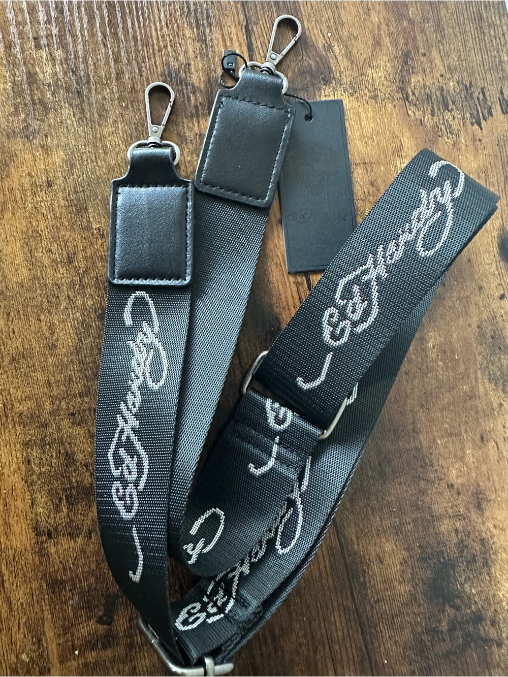 Ed Hardy Black Crossbody Bag Strap with White Script Guitar Strap Style NWT